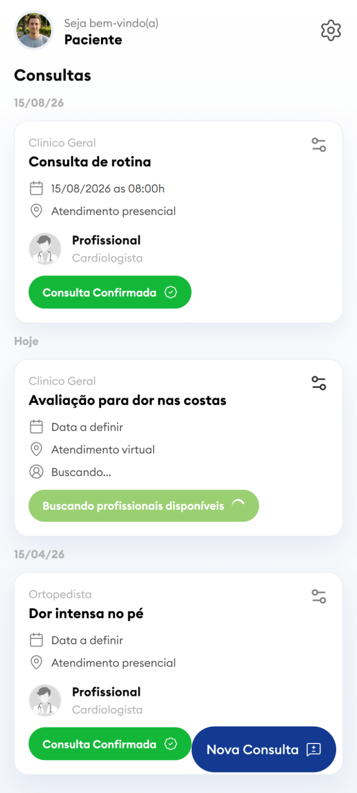 Lista de consultas agendadas no aplicativo HealthLynk